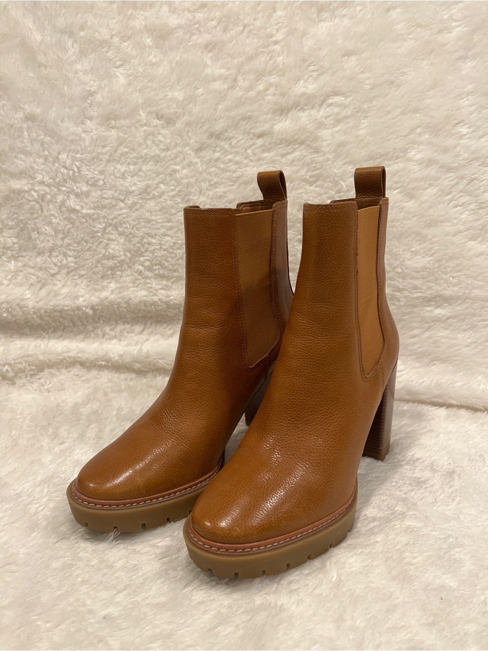 Tory Burch Women's Brown Leather Chelsea Lug Sole Block Heel Ankle Boots Size11